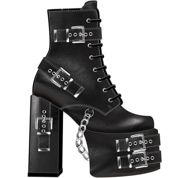 ⚡Women's Gothic Silver Eyelets Buckles Straps Block High Heel Lace Up Booties - Picture 1 of 6